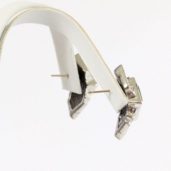 VTG Art Deco Style Black Faux Onyx Clear Rhinestone Silver Tone Pierced Earrings - Picture 5 of 7